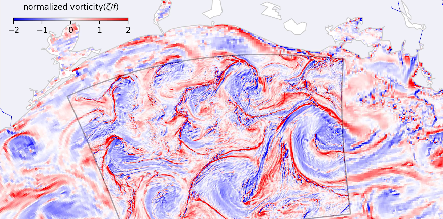 Normalized surface vorticity, coastal ocean off Texas and Louisiana, 2010